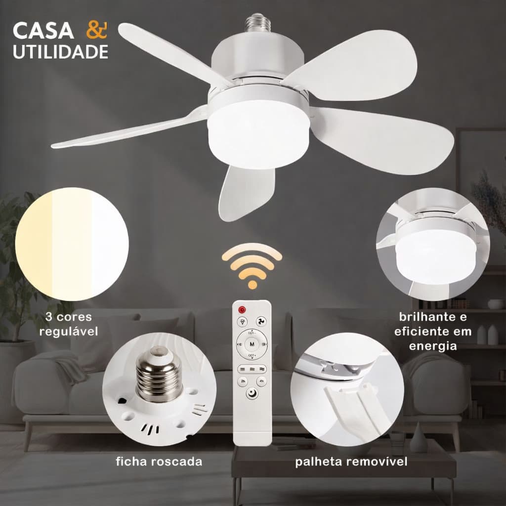 Ventilador de Teto com Luz Silencioso Controle Remoto Economica Instalação Fácil LED Bivolt