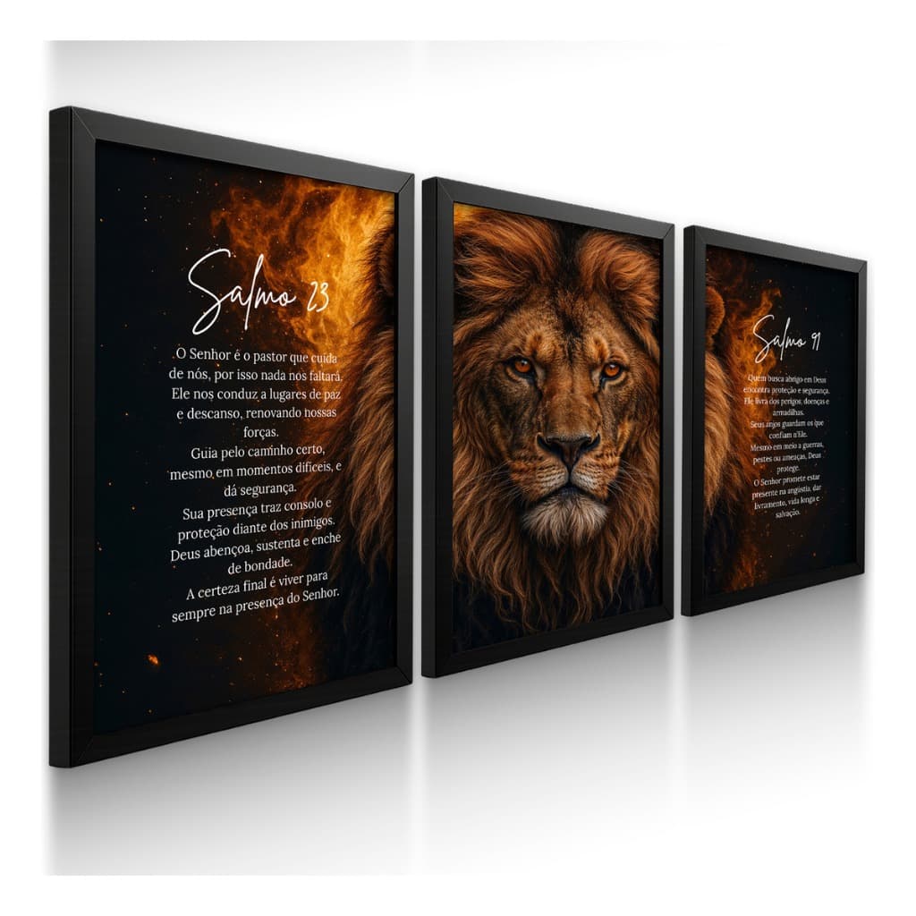 Quadros Decorativos Salmo 23 e 91 Leão Fé e Força Quadro Religioso Cristão Motivacional Deus Proteção