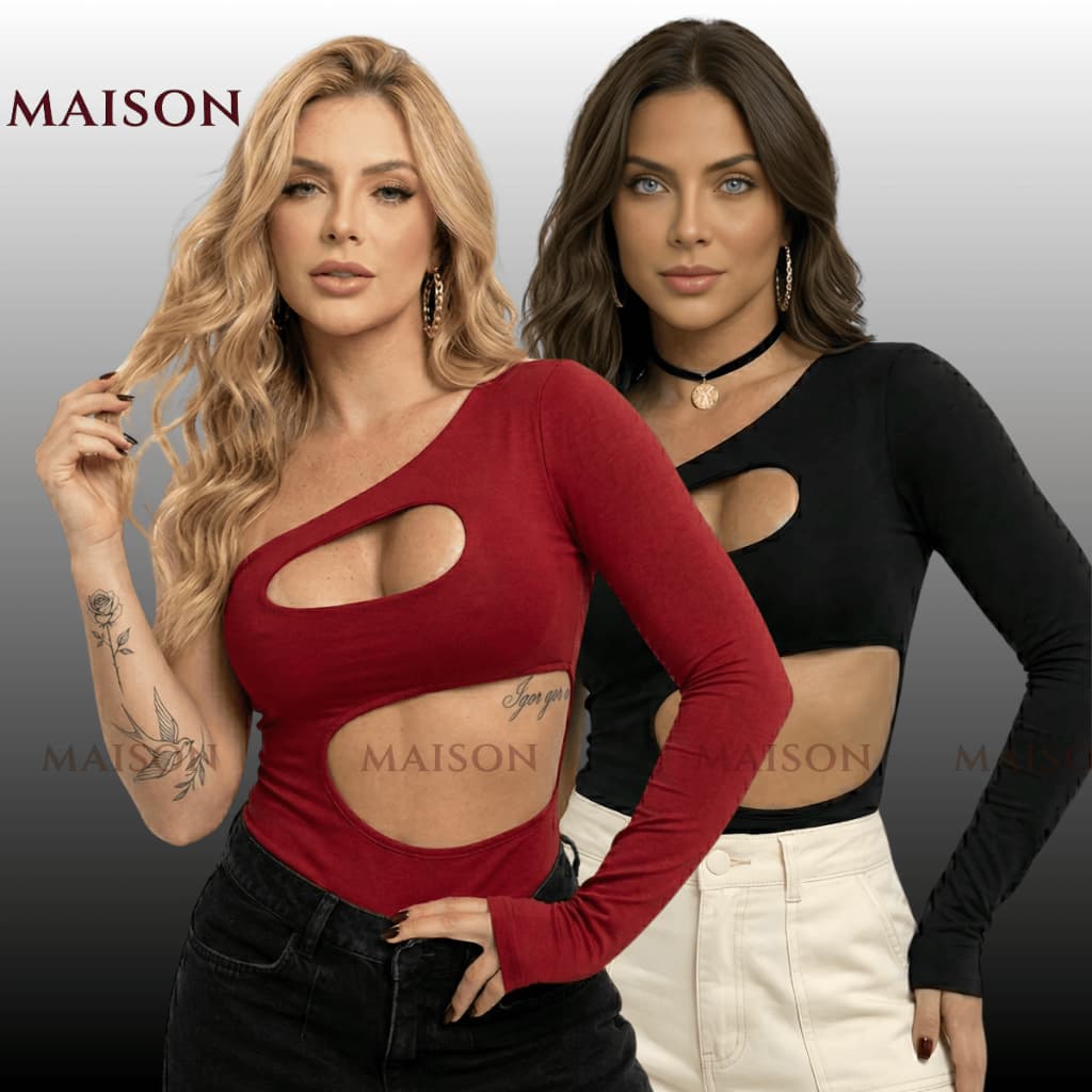 Body Feminino Manga Longa Assimétrico Recorte Busto e Barriga Moda Gringa Estilosa Suplex