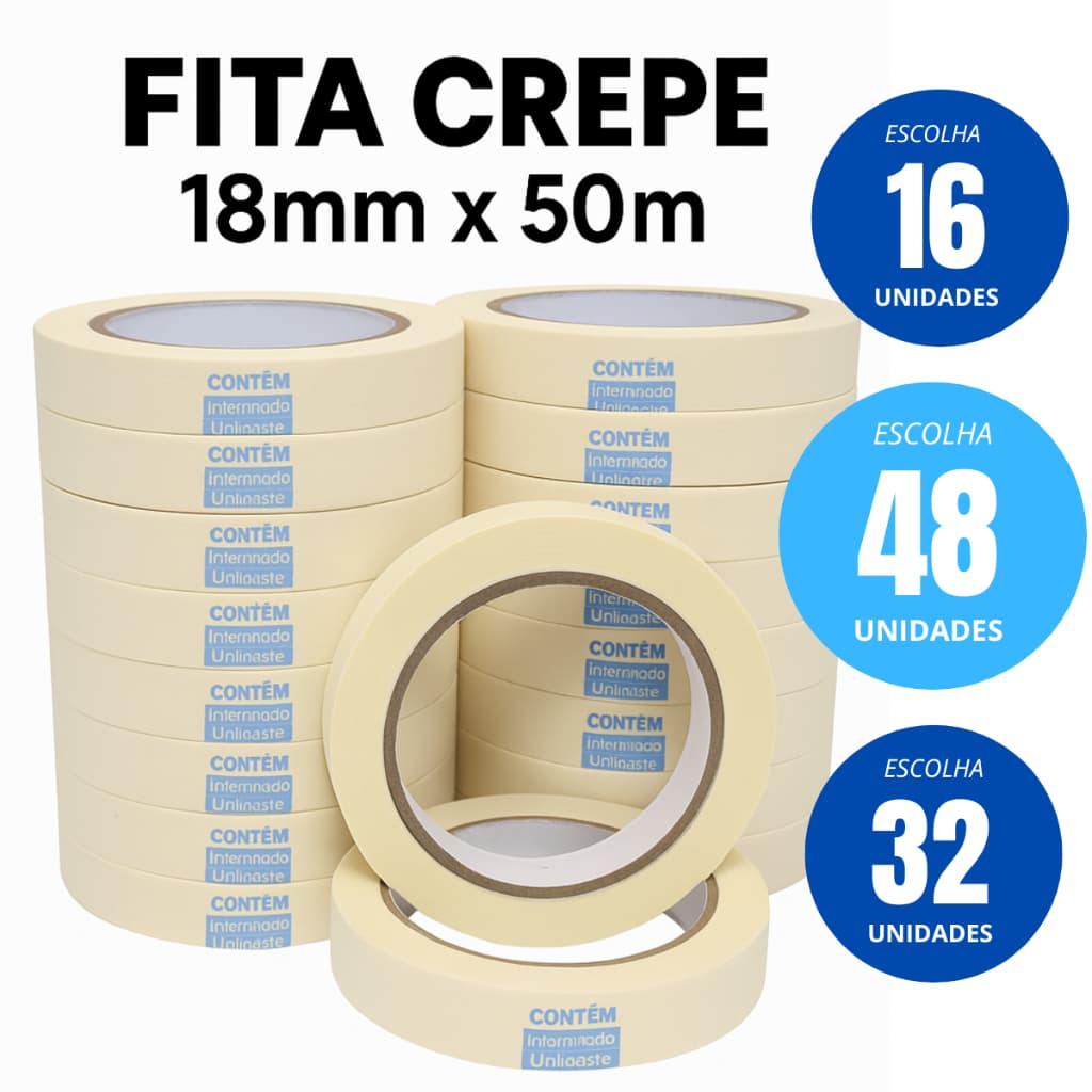 FITA CREPE BRANCA FINA 18MM X 50 METROS - USO GERAL PROFISSIONAL ESCOLHA A QUANTIDADE 16/32/48