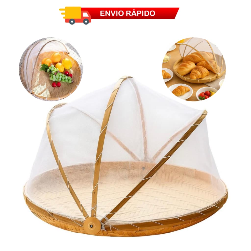 Cesto Porta Pão Bolo Rattan Bambu Redondo Cobertura Retrátil