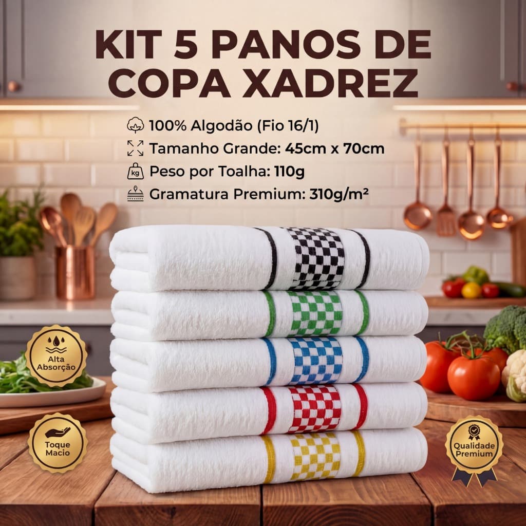 Kit 5 Panos de Prato Copa Grande Xadrez Premium Jacquard Atoalhado Toalha De Cozinha