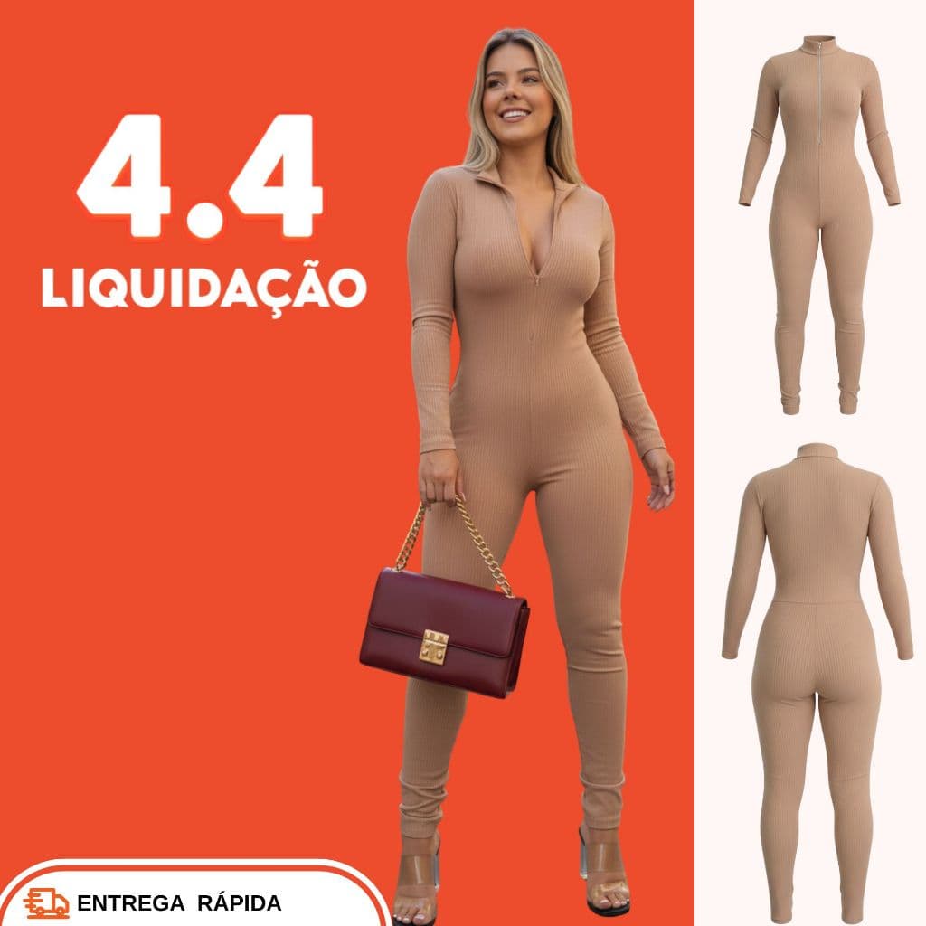 Macacão Canelado Moda Blogueira Feminina Zíper Manga Longa