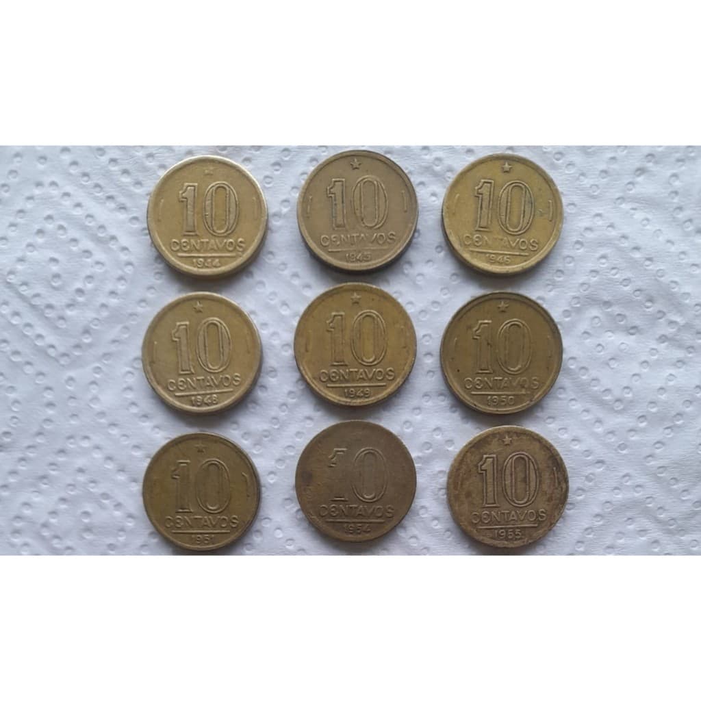Moedas amarelas de 10 centavos, da Era Vargas & Série Ilustres (MBC).