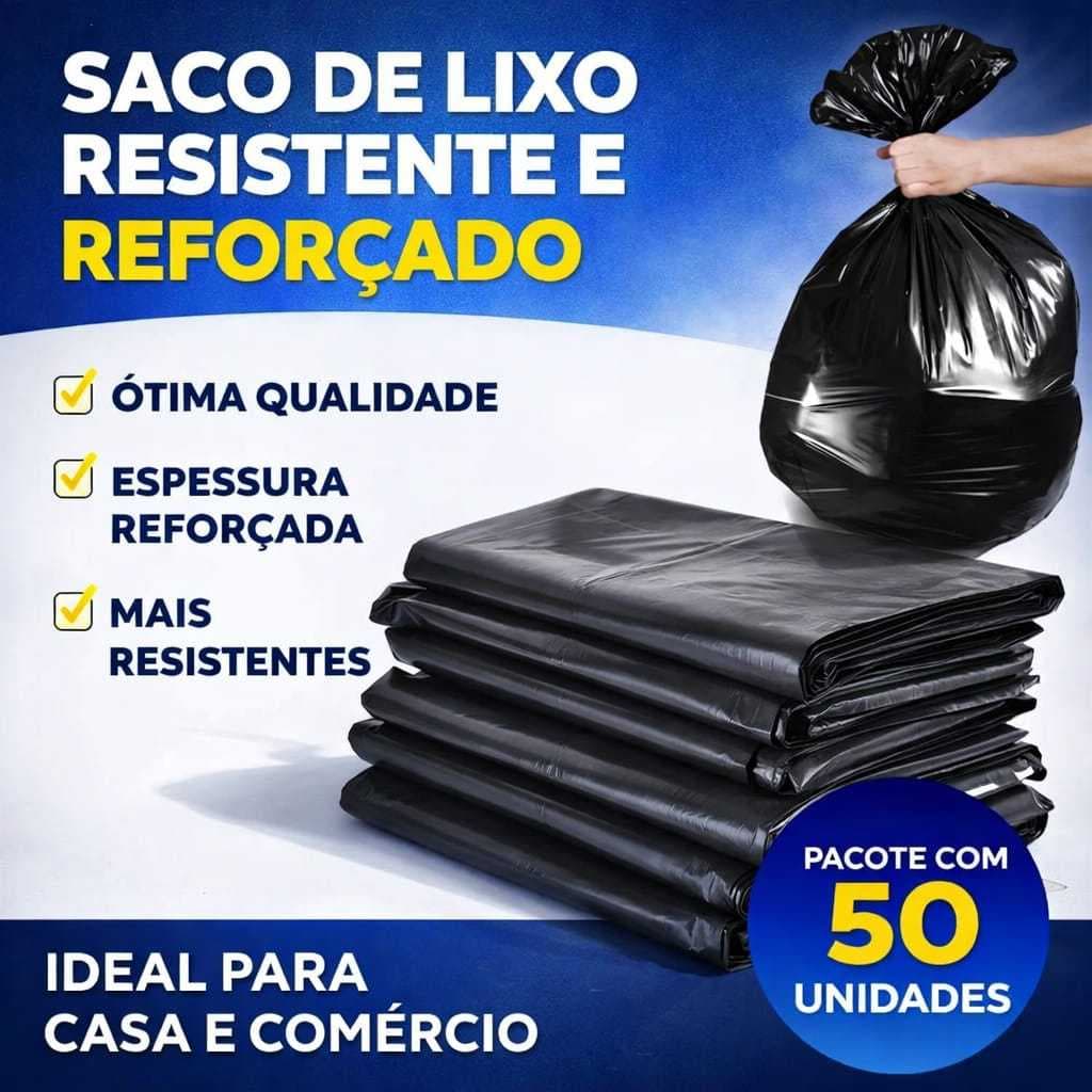 Saco de Lixo Preto Reforçado Resistente Pacote 20L 40L 60L 100L Pacote com 50 unidades