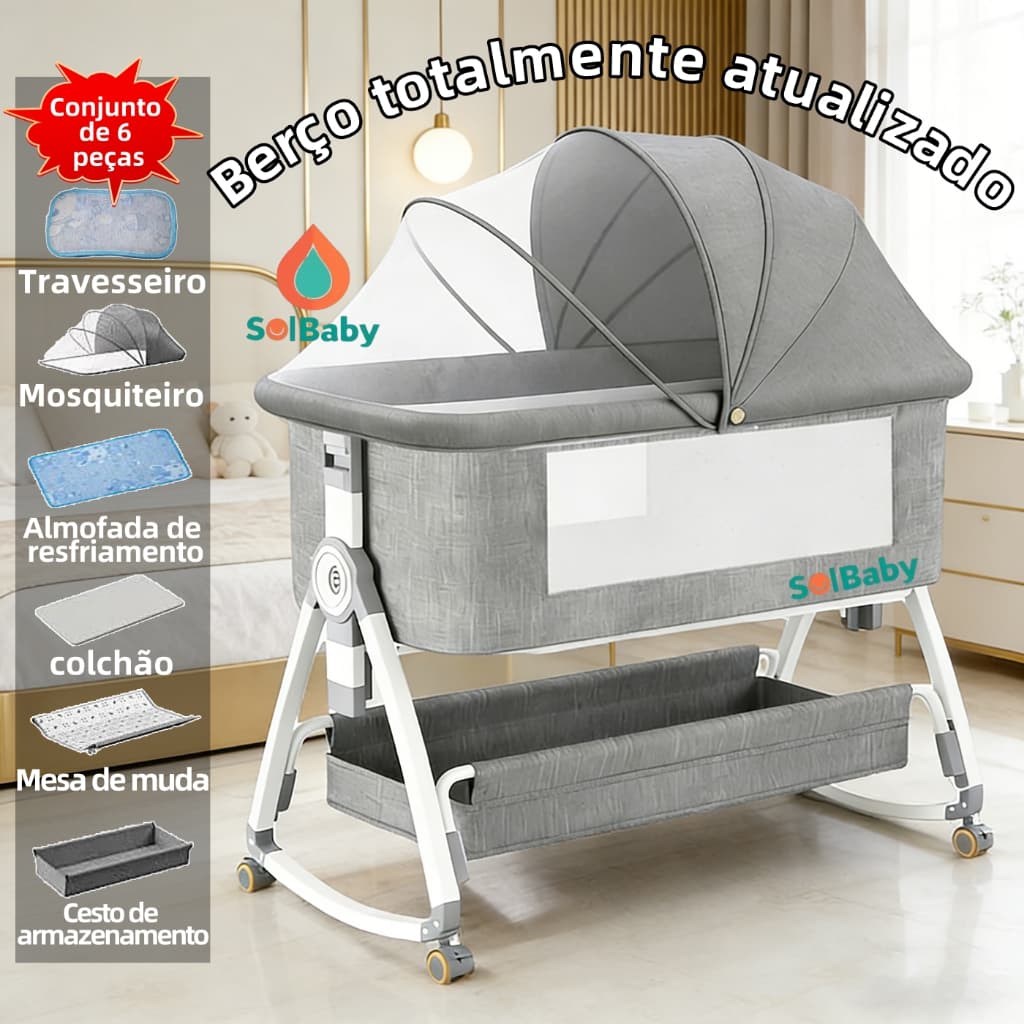 Berço Portátil Moises Co-bed Com Balanço Mosquiteiro e Cesto Regulagem de Altura Cinza - Solbaby