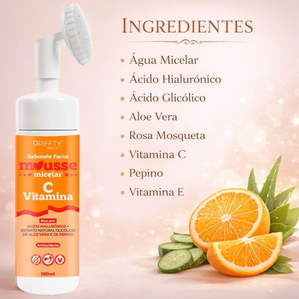 Mousse Espuma Limpeza Facial Ácido Hialurônico Vitamina C Óleo De Rosa Mosqueta Combate Oleosidade Poros Abertos 150ml