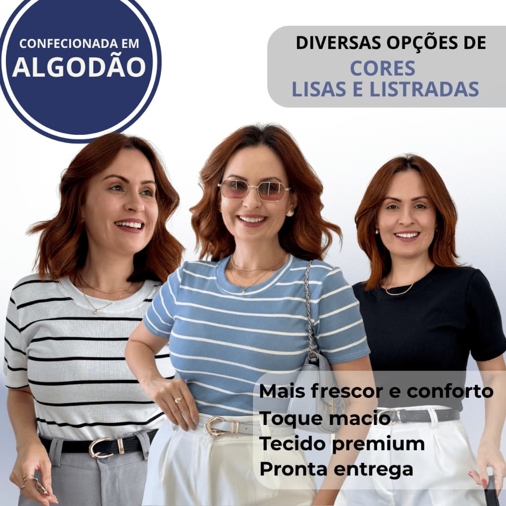Blusa Feminina Ribana Algodão com Elastano Manga Curta Gola Redonda Listrada e Lisa