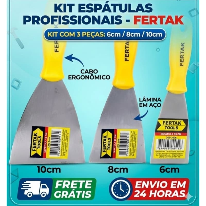Kit 3 Espátulas Pintura de Aço (6mm/8mm/10mm")para Acabamento de Gesso, Drywall Cabo Ergonômico.