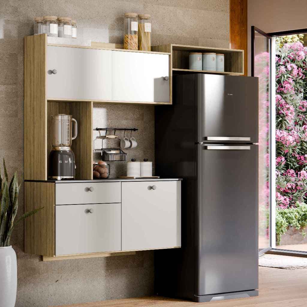 Armário de Cozinha Suspenso 150CM Completa com Balcão 4 Portas 1 Gaveta Lara Com Nicho Aereo