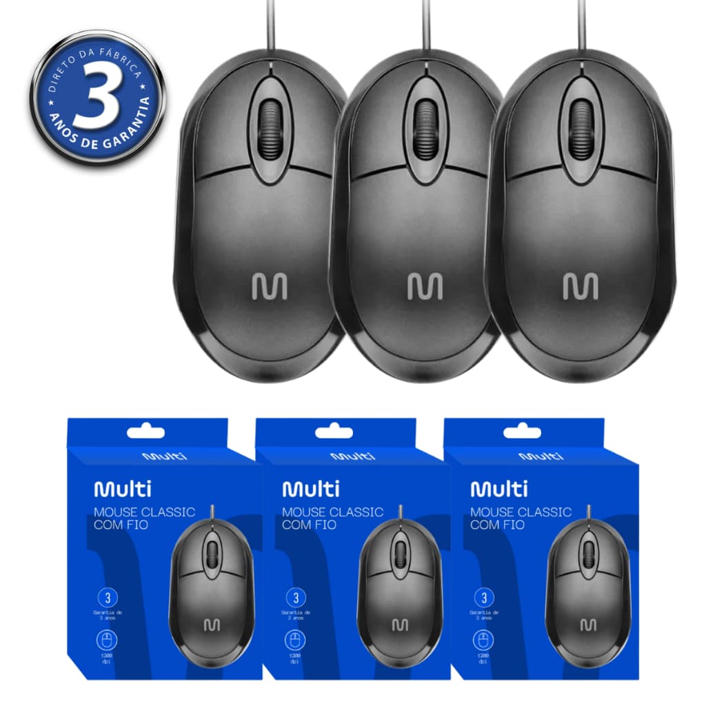 Kit 03 Mouse Óptico Simples Básico Multilaser Valor Atacado