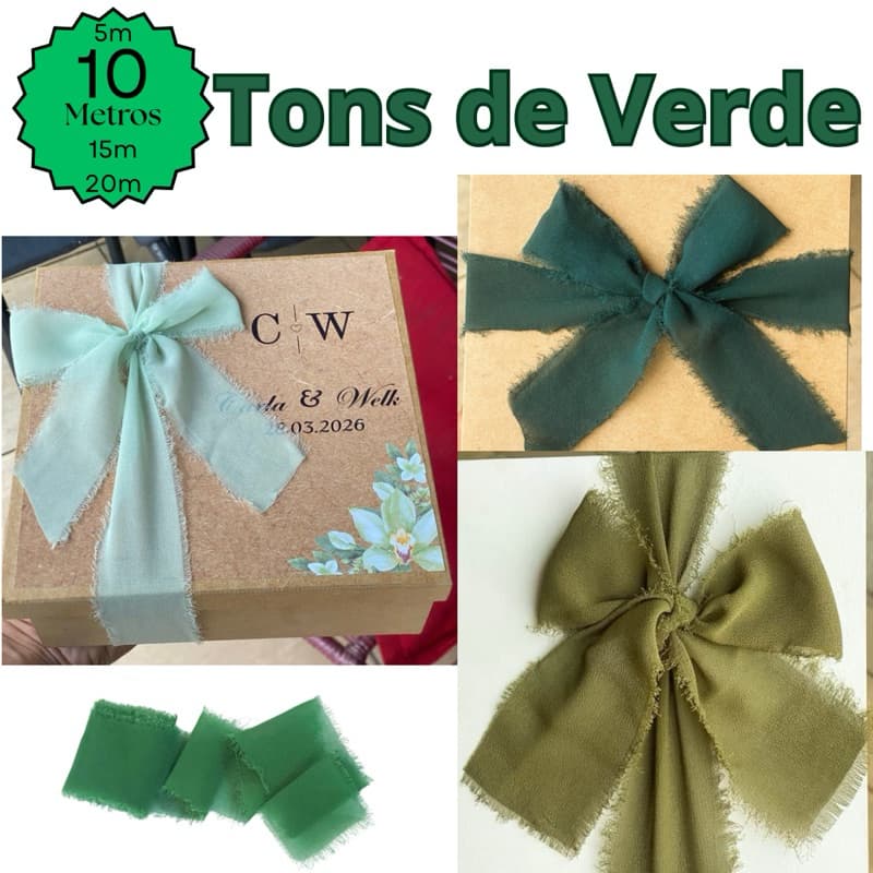 10m Fita Chiffon Verde Artesanal Rústica Desfiada para casamentos, caixas padrinhos, festas