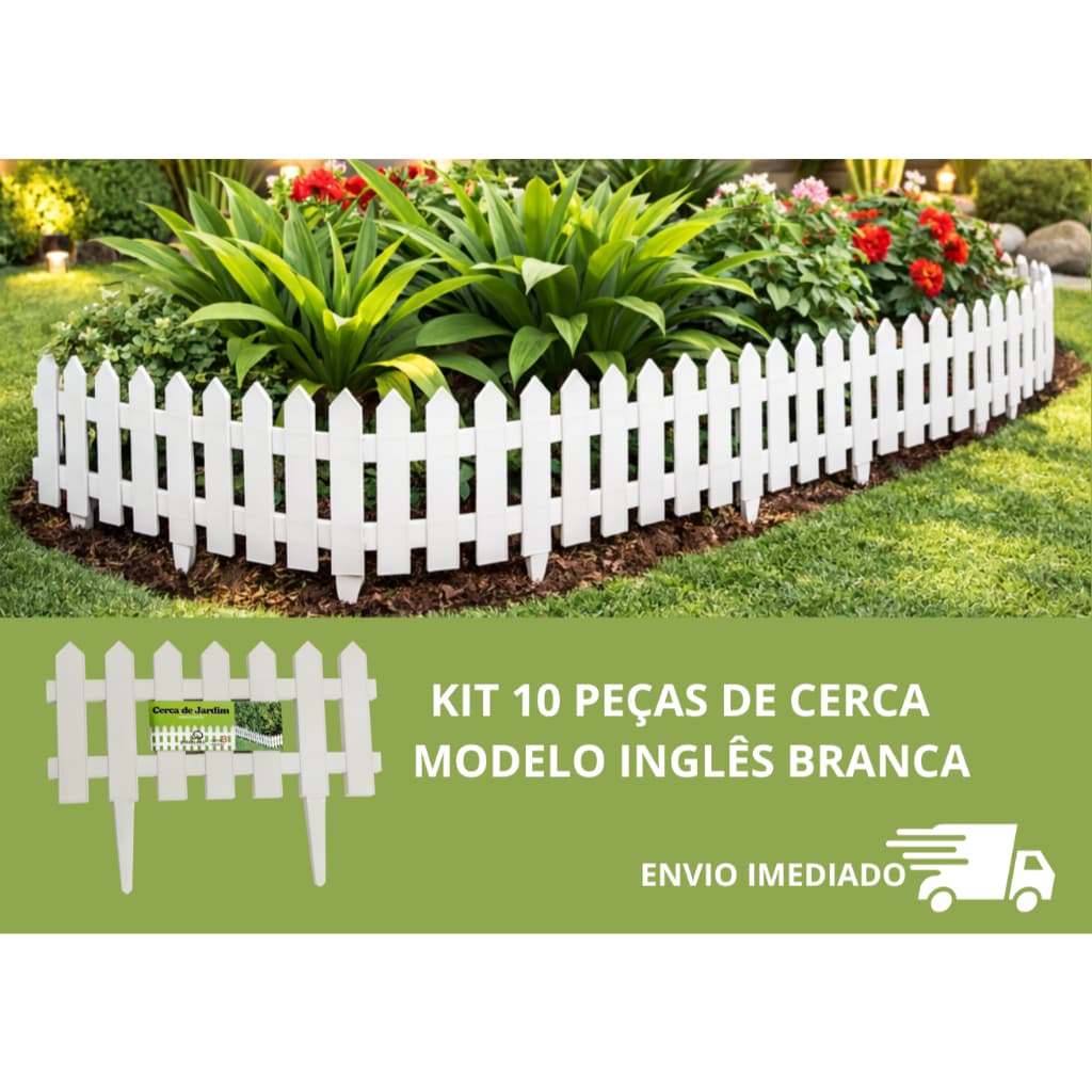 Kit 10 Cercas de Jardim Modelo Inglês Branca 41cm x 19cm com Haste 10cm |Resistente | Envio Imediato