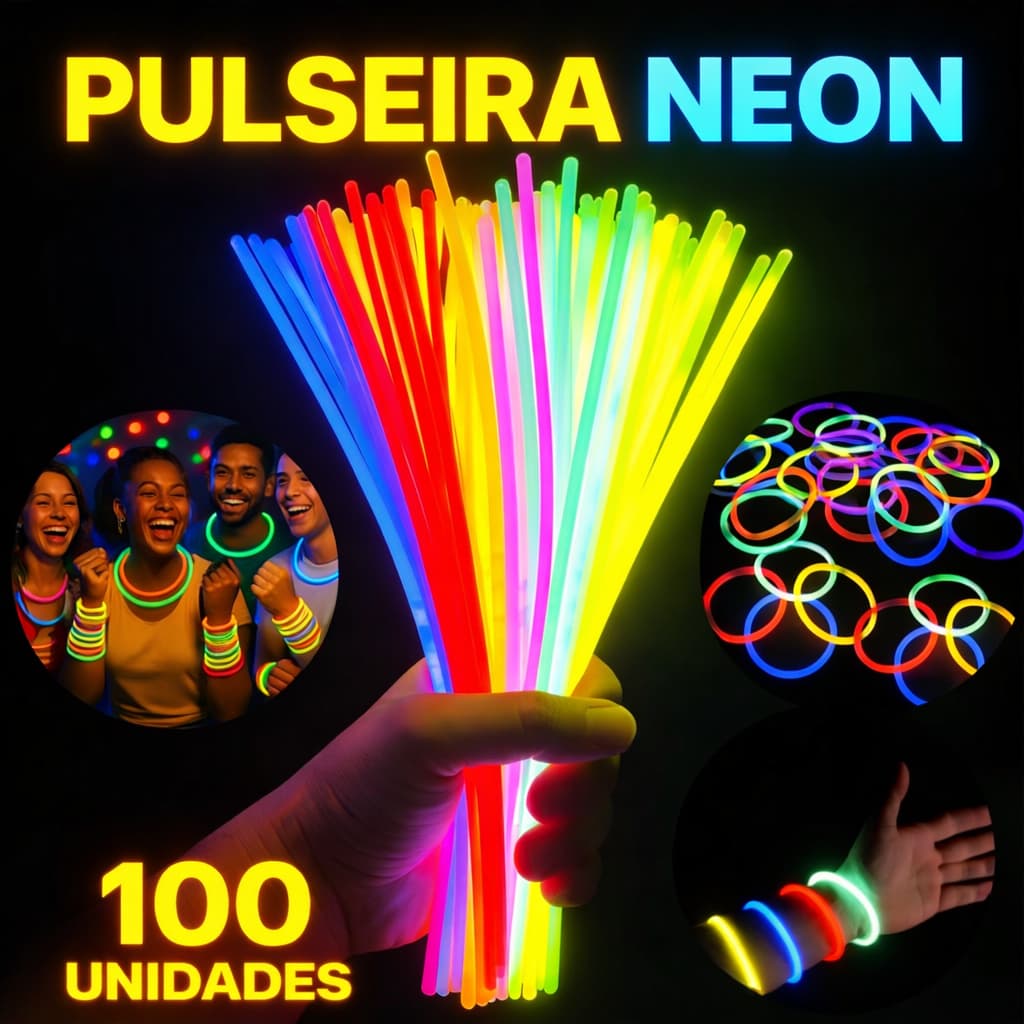Kit com 100 Pulseiras Neon Alto Brilho Fluorescente Tubo Diversas Cores Brilha no Escuro