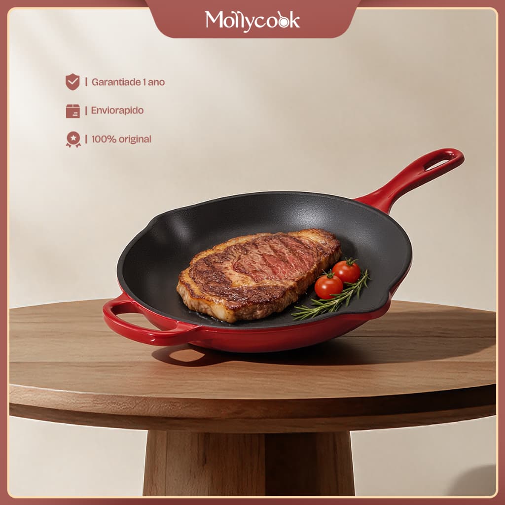 Mollycook Frigideira De Ferro Esmaltado Indução 27cm Antiaderente Frigideira Vermelho