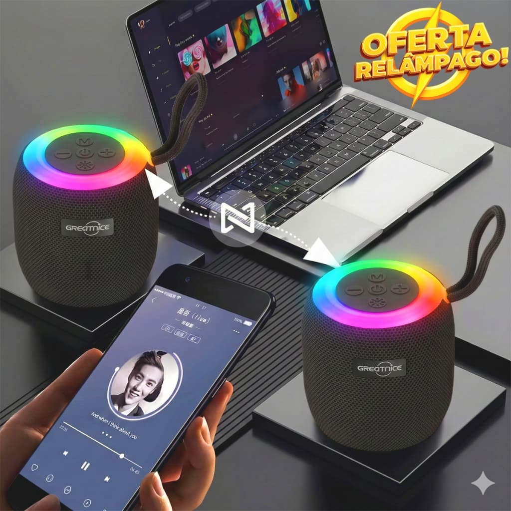 Mini Caixa De Som Bluetooth Potente RGB Led Portátil Rádio FM USB SD