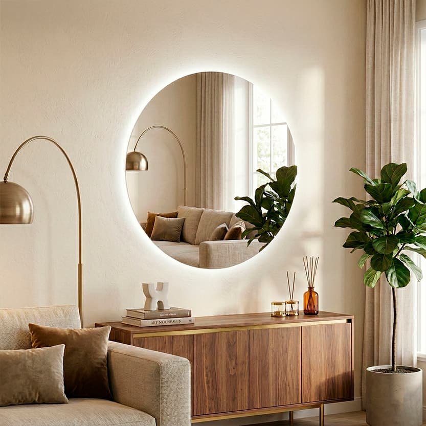 Espelho LED Redondo Lapidado para Banheiro Sala Quarto Maquiagem Com Suporte