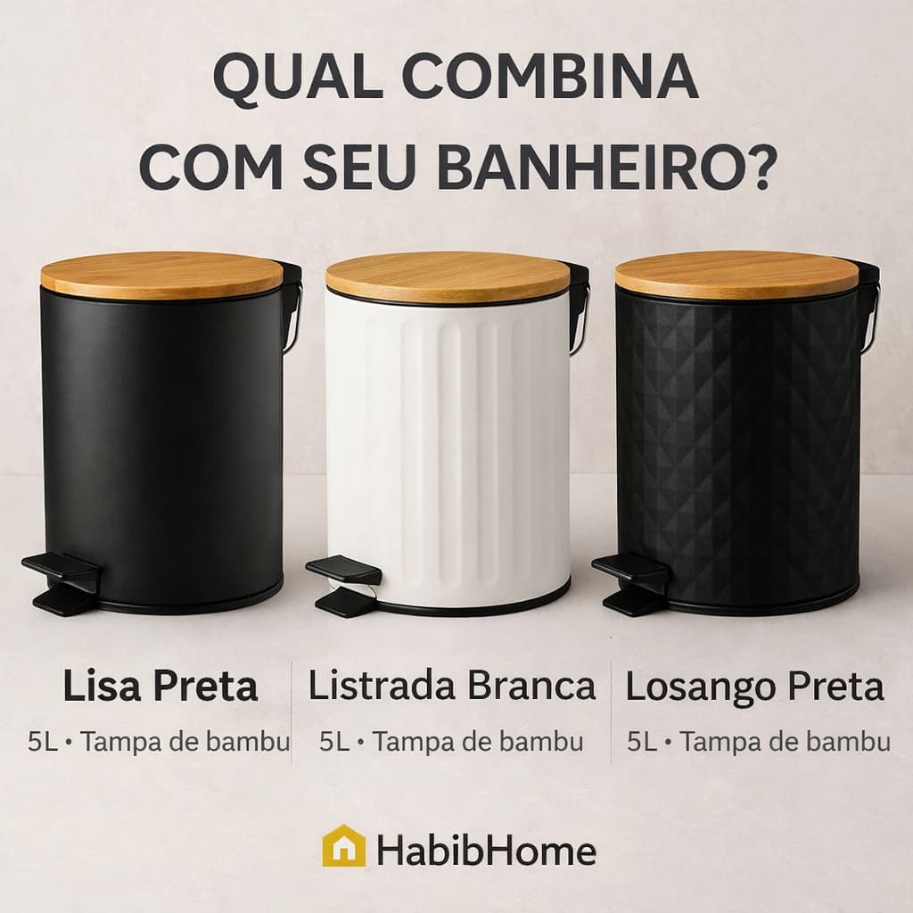 ✅ Lixeira 5L com Pedal e Tampa de Bambu | Ferro Premium | Moderna p/ Banheiro e Cozinha🔝