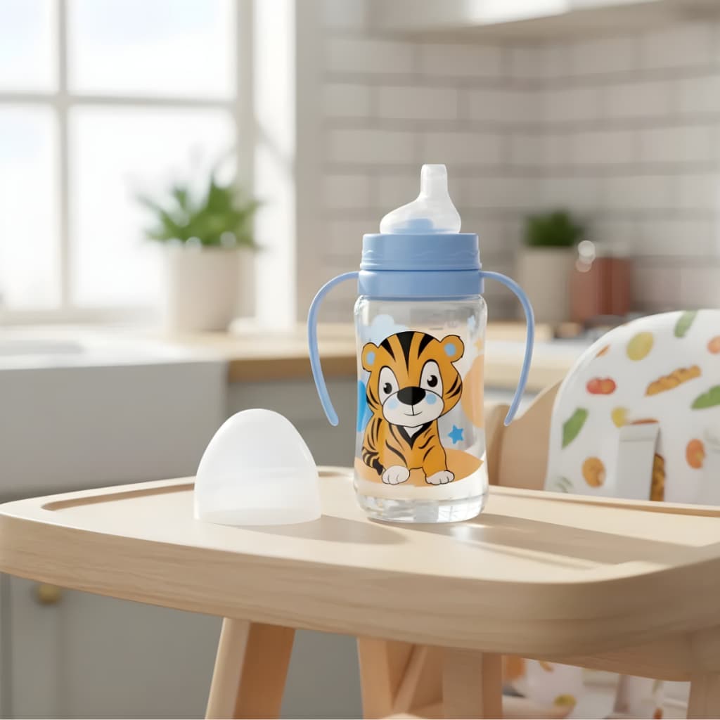 Copo treinamento transição com Alça bico antizamento em silicone macio azul menino 270ml