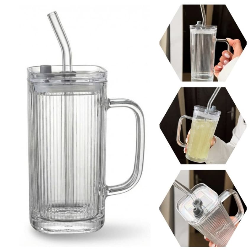Copo de Vidro com Tampa e Canudo de Vidro 250ml Quadrado com Alça