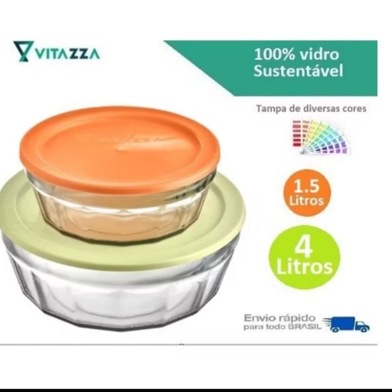 Tigela de Vidro 4L e 1,5L Vitazza de 4 litros e 1,5 litros ( duas peças)- Vidro Temperado Resistente e Tampa Vedante