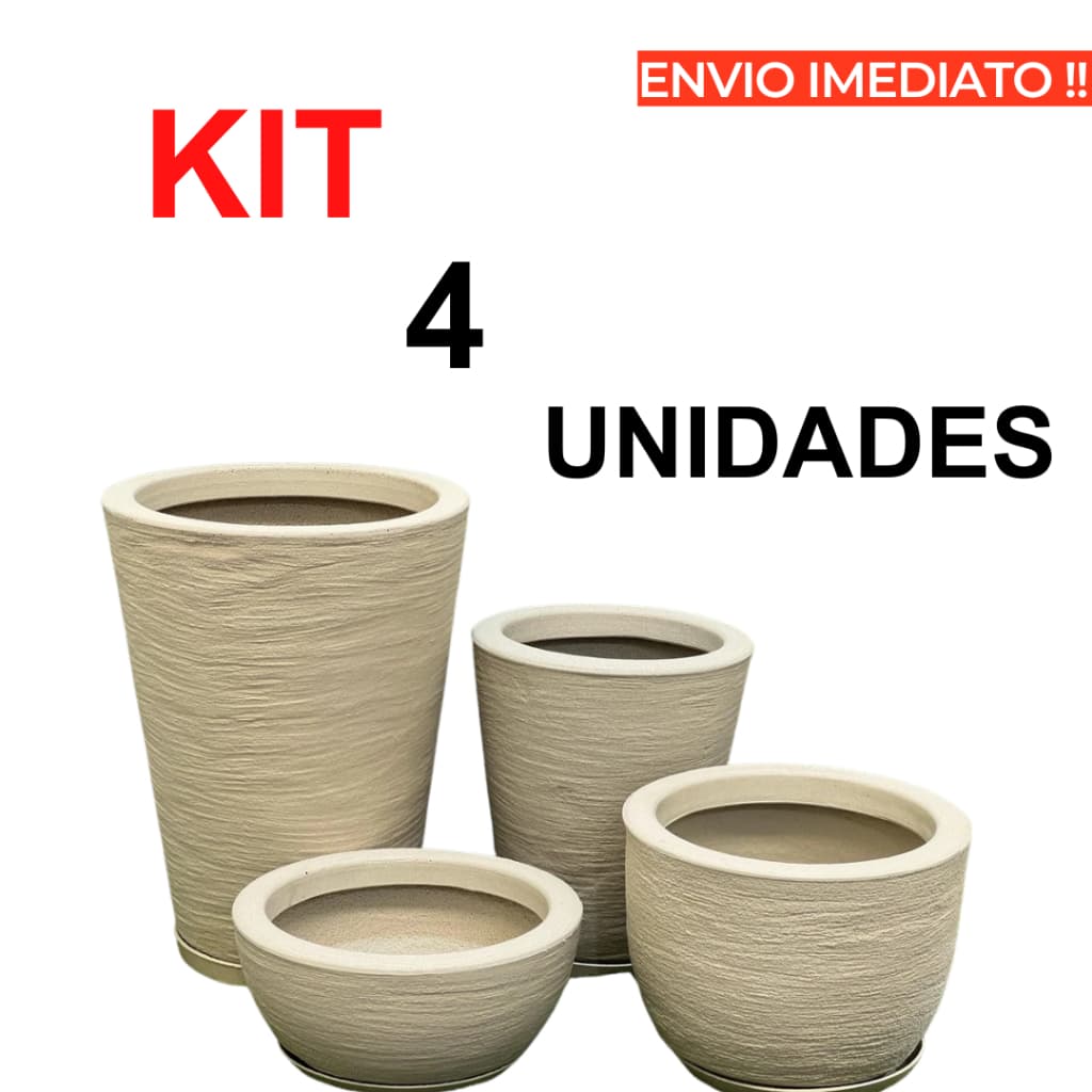 Kit 4 Vasos Escovados Planta Flor Polietileno Coluna Redonda N1 N2+ Bojo N1+ Bacia N1 Com Pratos