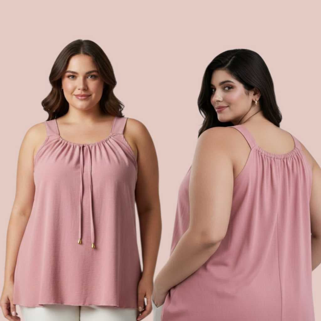 Blusa Regata Femenina Plus Size G1 ao G4 - Elastico Na Gola Com Ponteira Dourada Tendencia