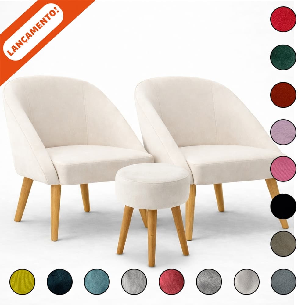 Kit 02 Poltronas Lua e 01 Puff Redondo para Sala Decorativa Pés Palito Suede Aninha Decor