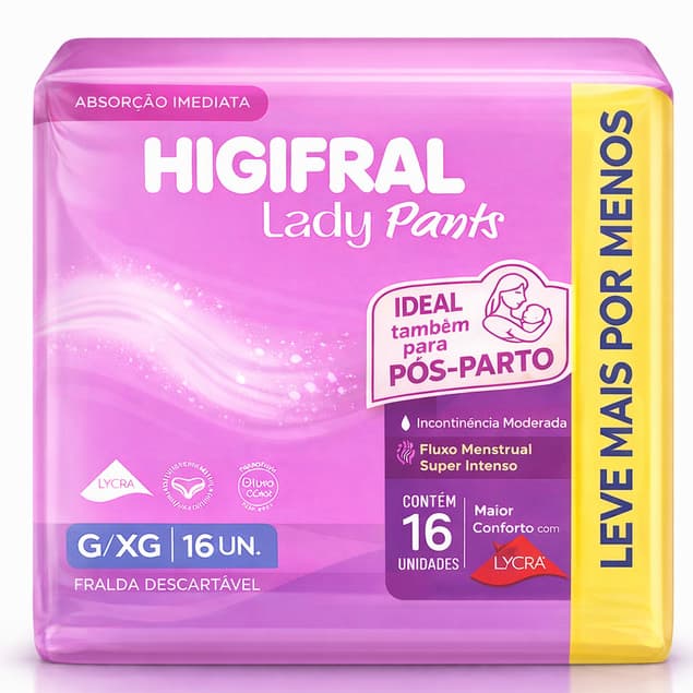 Roupa Intima Lady Fralda Geriátrica Pôs Parto 16 un Higifral Pants com Alta Absorção