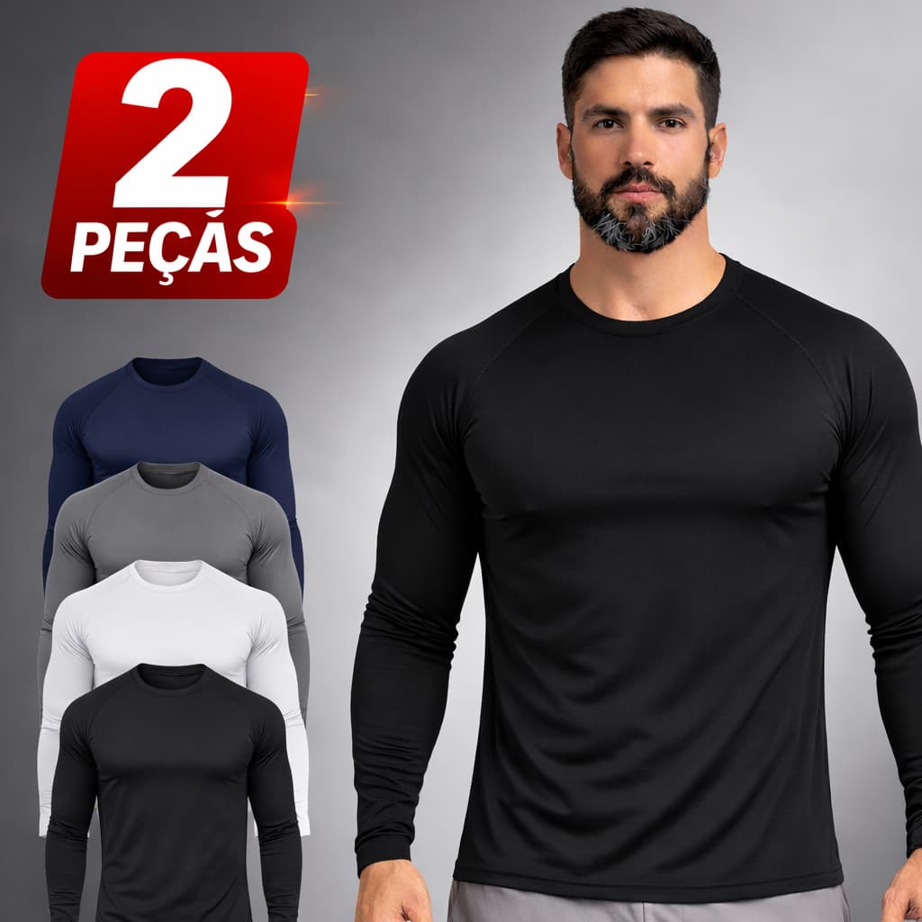 Kit 2 Camisas Segunda Pele UV Térmica Proteção Solar UV50+ Manga Longa Esportiva
