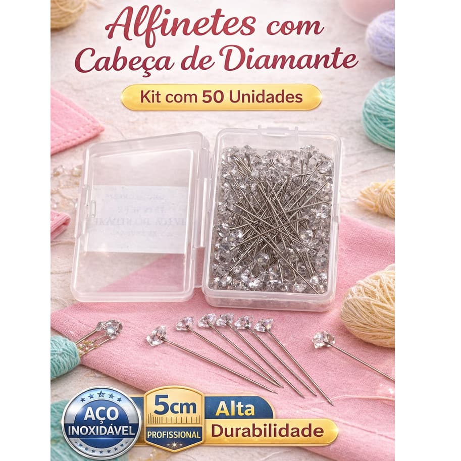 Alfinetes com Cabeça de Diamante 5cm – Kit com 50 Unidades em Aço Inox para Costura, Patchwork e Artesanato