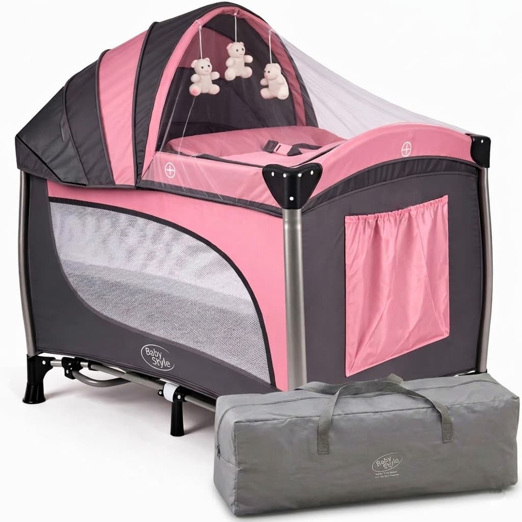 Berço Balanço Portátil Chiqueirinho Cercado Desmontável c/ Mosquiteiro, Trocador, Música e Vibração