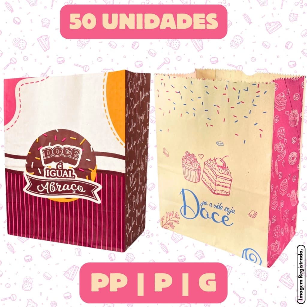 50 Saco Kraft SOS PP P G Para Delivery Doce Doceria Docinhos Cookies Açaí Pequeno Grande