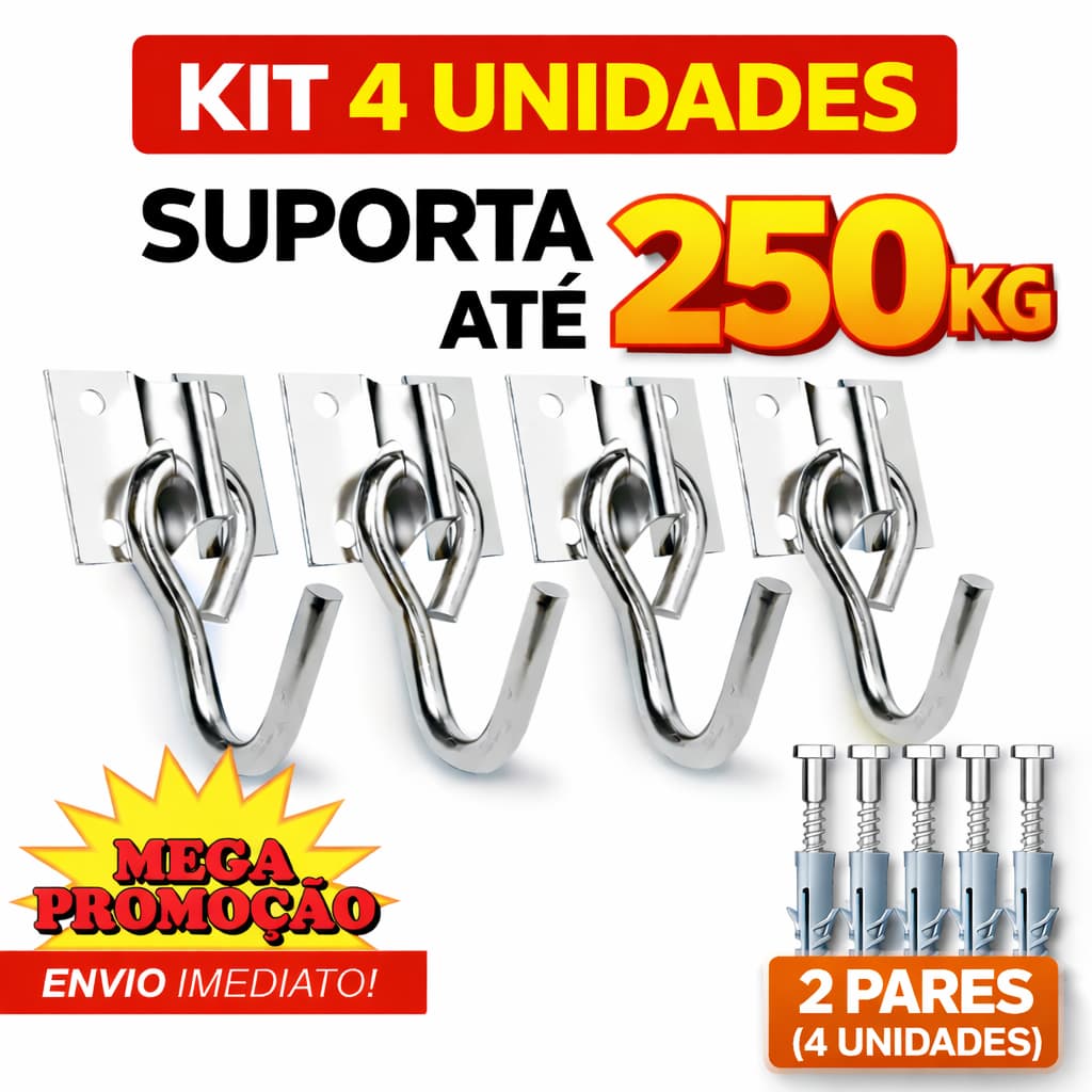 4un (2 pares) Gancho De Rede Balanço até 250kg Armador Aço Reforçado Com 16 Parafusos E 16 Buchas