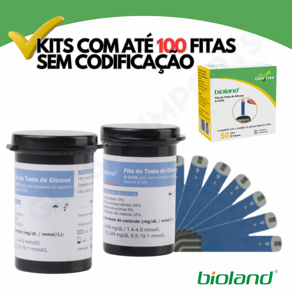 Fita De Glicose Reagentes Teste Medir Glicemia Bioland Kit 25 50 100 Tiras