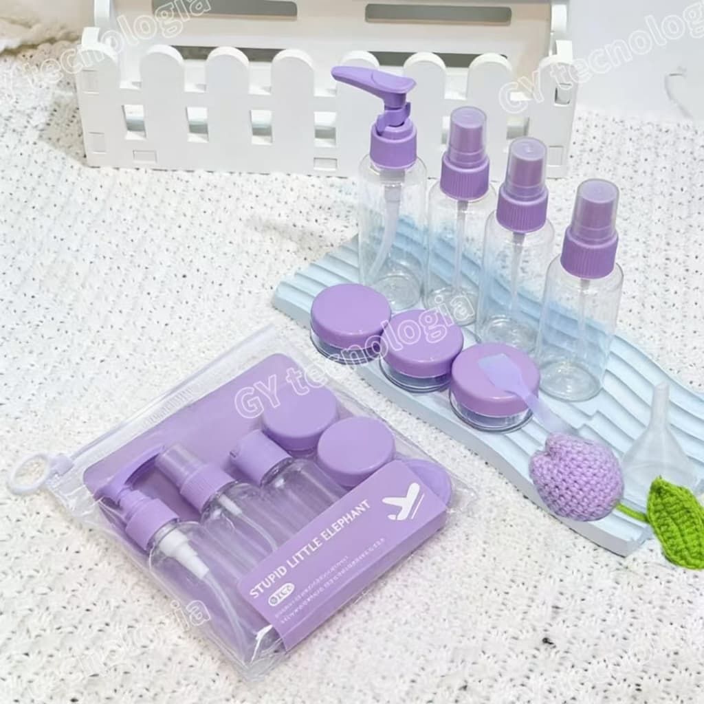 Kit com 9 Frascos para Viagem - Shampoo, Creme, Sabonete e Itens de Cuidados Pessoais