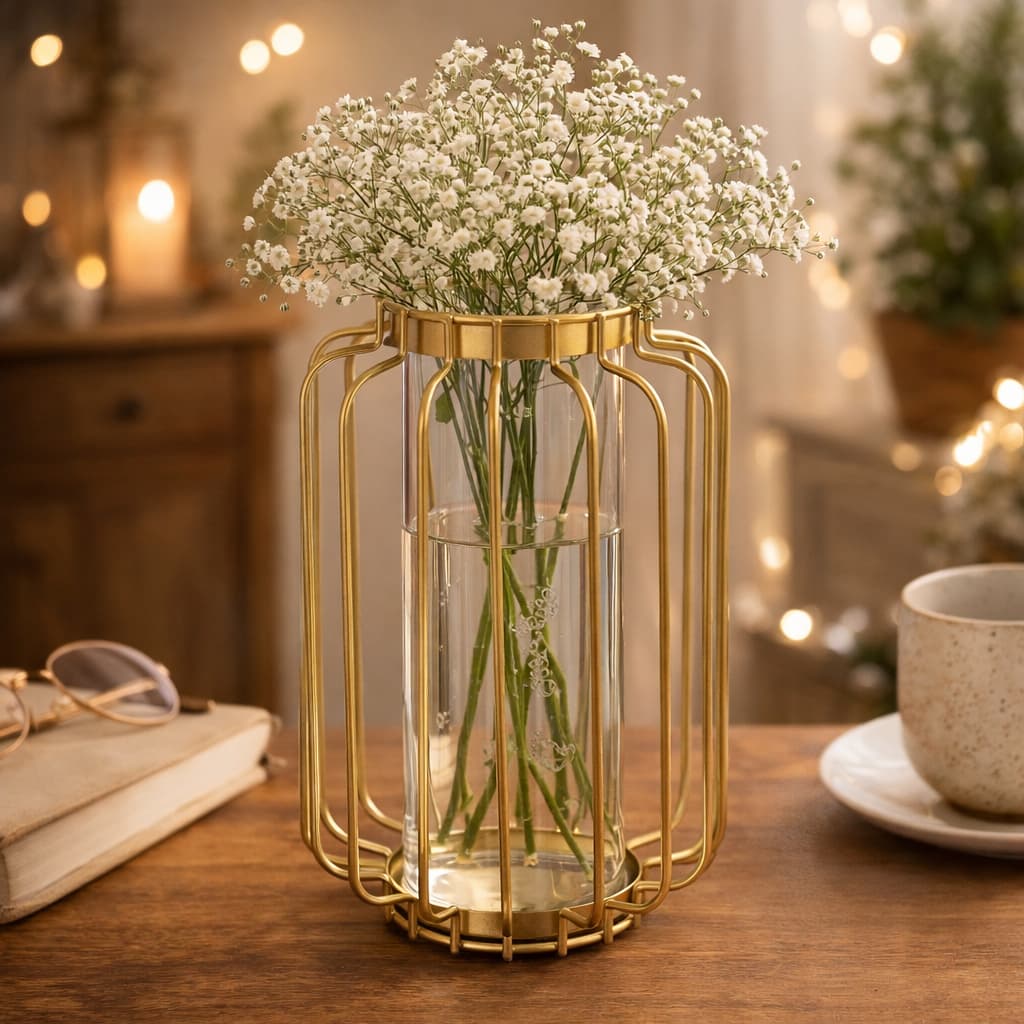 Vaso Aramado Dourado Para Flores  Vaso em Arame e Vidro Vaso para Decoração Vaso de Ferro Vazado Para Planta