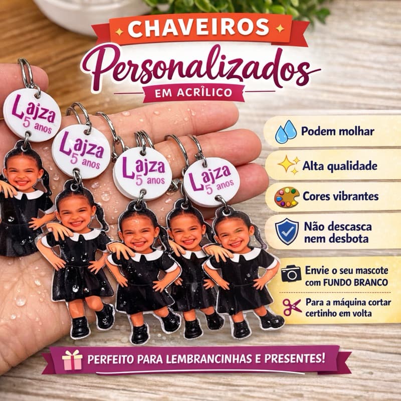 Mascote Caricatura Logotipo Chaveiro com sua arte em acrílico molhavel