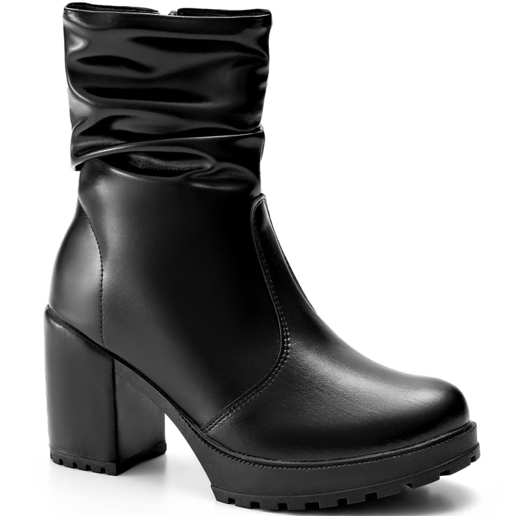 Bota Feminina Lumiss Tratorada Salto Bloco Alto Cano Curto Enrugada