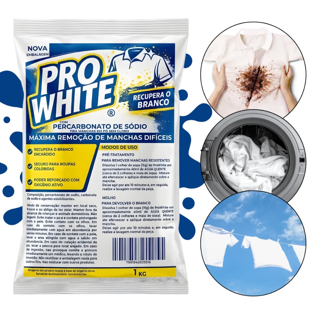 Percarbonato de Sódio Tira Manchas Alvejante Roupa Branca Produto de Limpeza 1KG Pro White