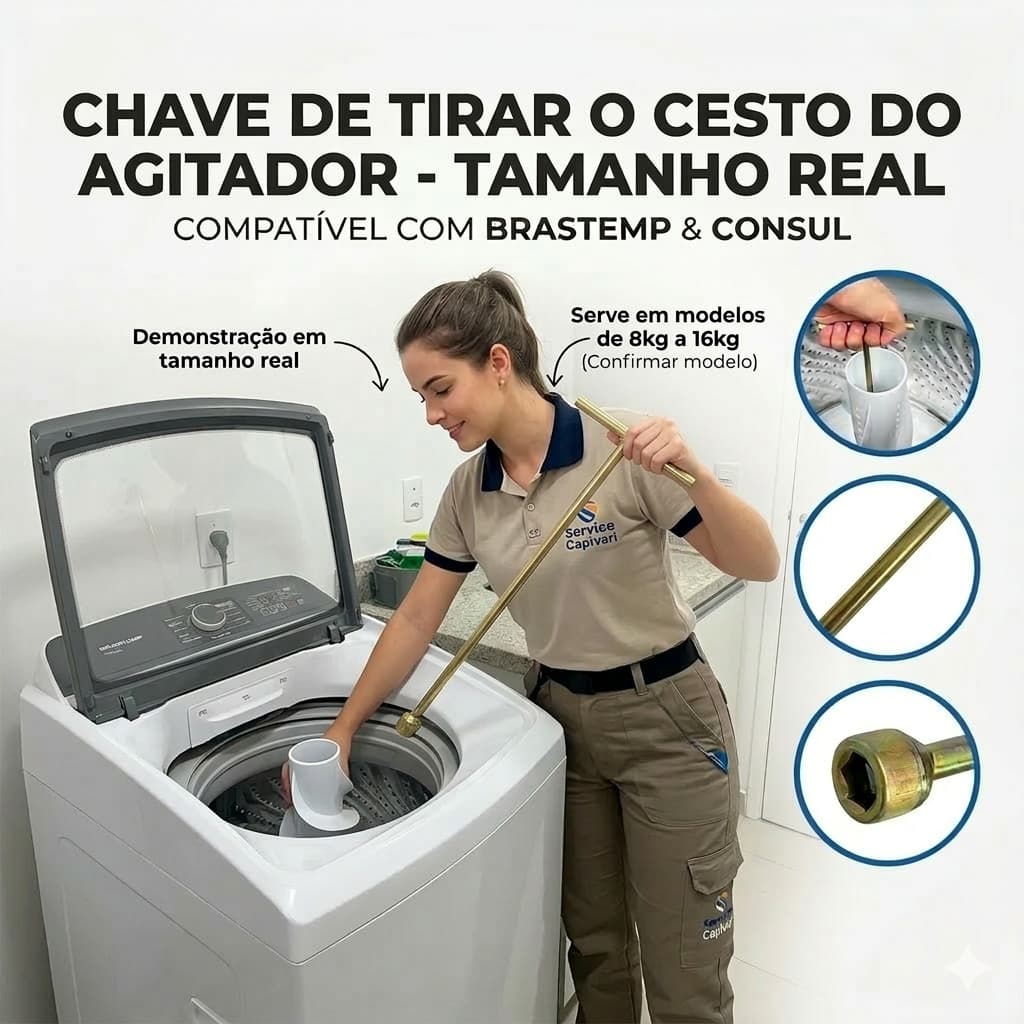 Chave T  longa 62 mm canhao 10 mm para Maquina de Lavar Eletrolux universal