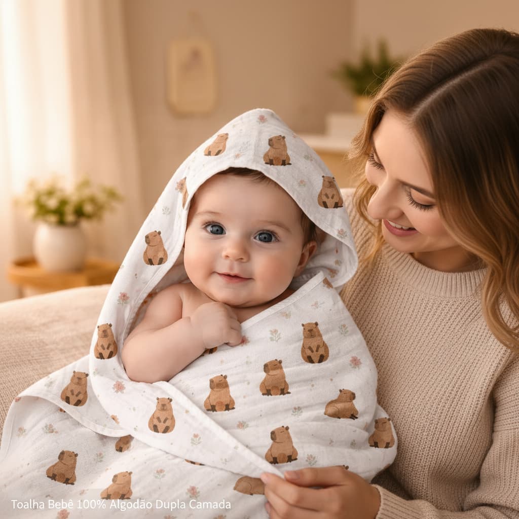 Toalha Bebê 100% Algodão com Capuz Soft Dupla Camada Super Macia Absorvente Enxoval Bebê
