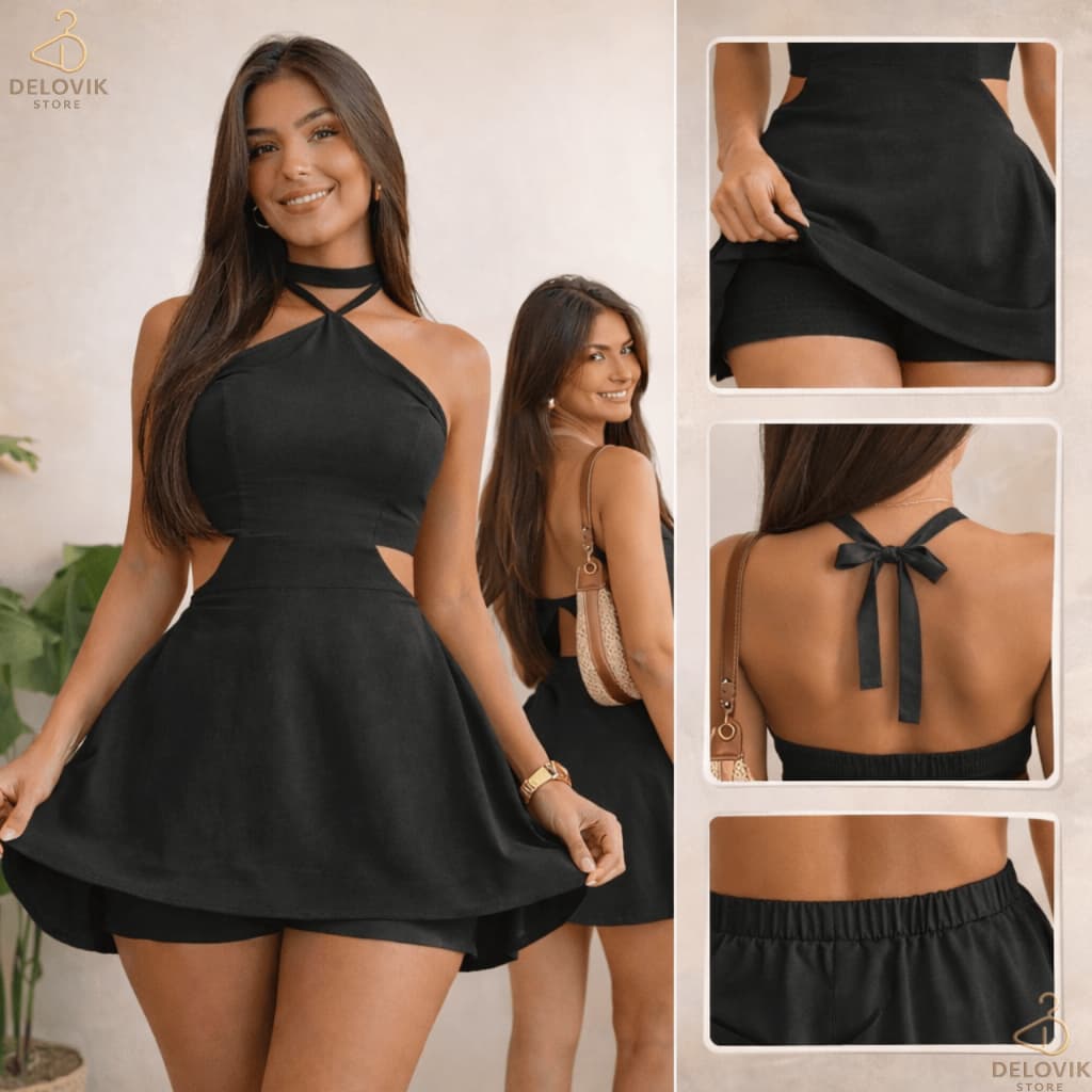 Vestido Feminino com Short e Bojo - Elegante, Recortes Laterais, Gola Alta e Amarração