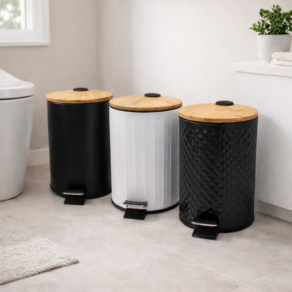 Lixeira 5 Litros Banheiro Tampa Bambu Inoxidável com pedal e cesto removível