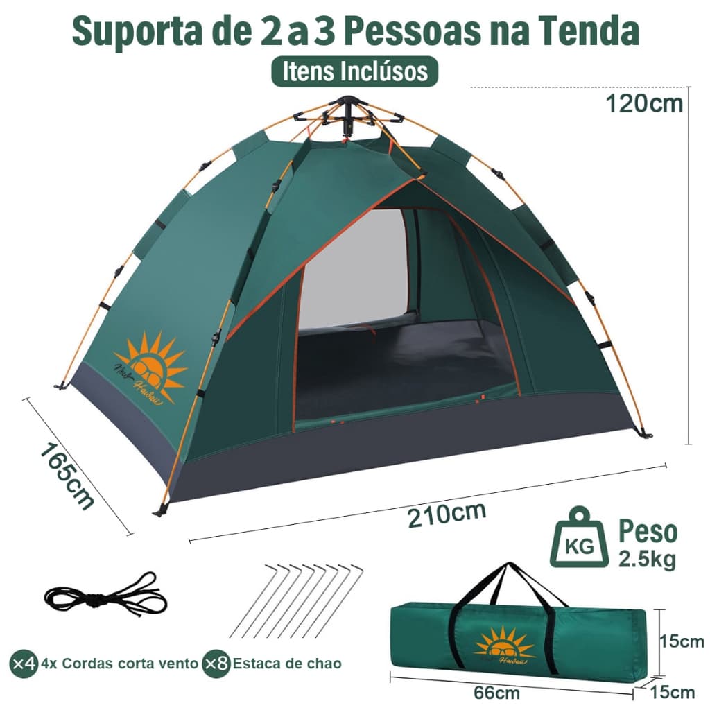 Barraca de Camping Automática Impermeável - 210x165x120cm, para 3-4 Pessoas, Verde Barraca de Camping