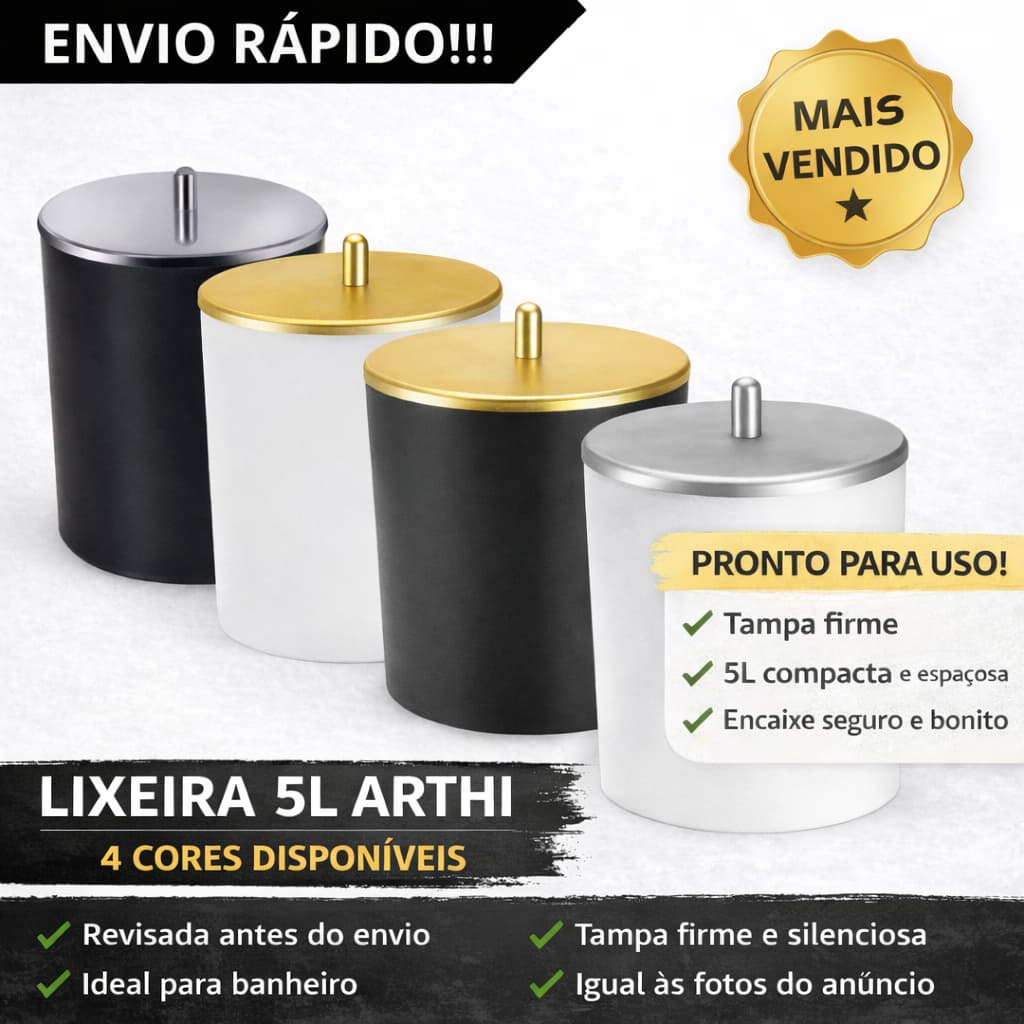 Lixeira para Banheiro Lixeira para Cozinha Lixeira para Escritório 5L Tampa Inox arthi