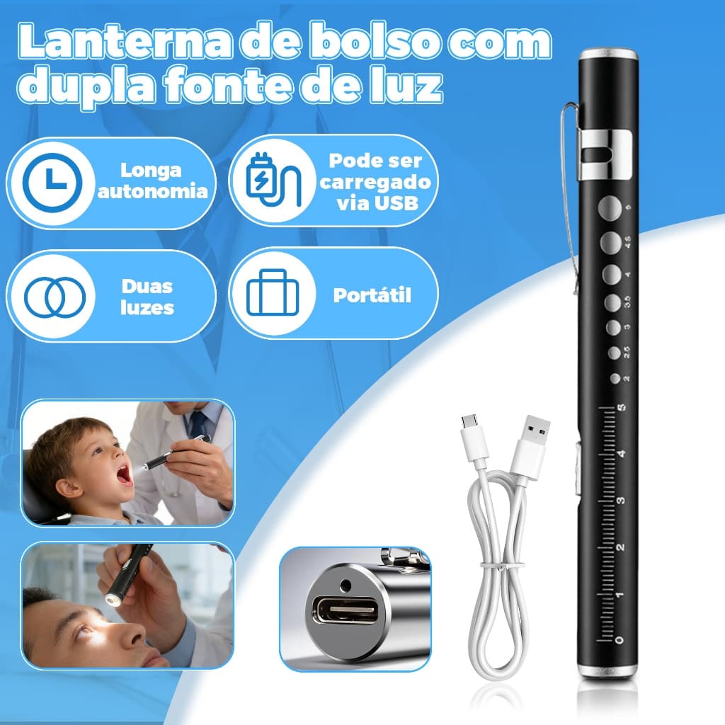 Lanterna Clinica Medica USB Recarregavel Caneta Lanterna Medica Luz Branca Quente Pupilar