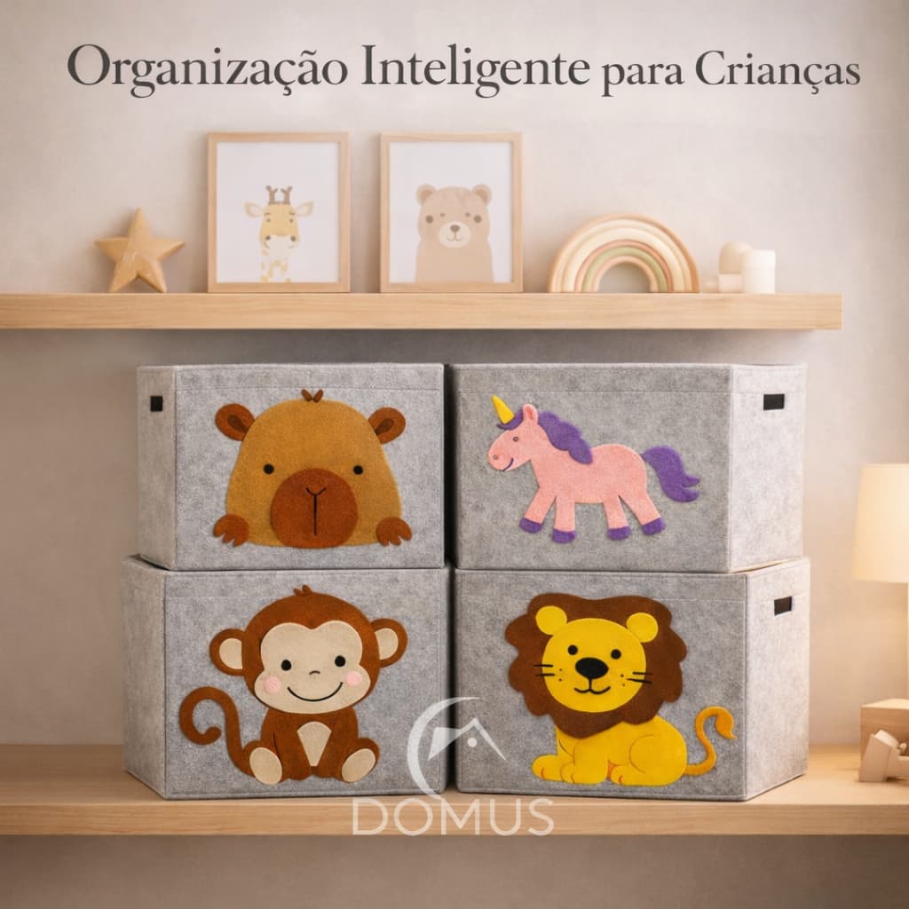 Organizador Cesto Multiuso Dobrável Brinquedos Roupa Infantil Animais Oval Quadrado Feltro
