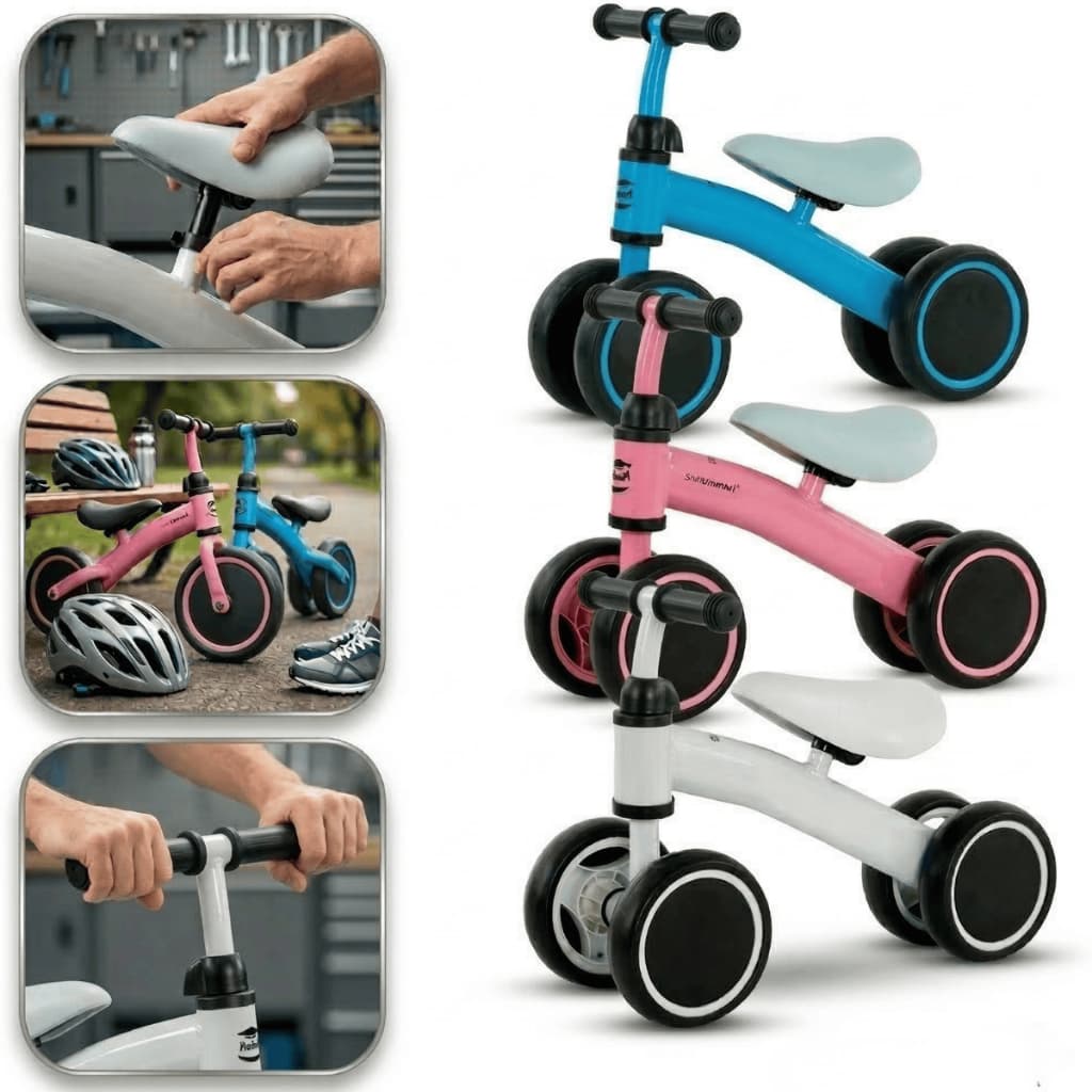 Bicicleta de Equilíbrio Bike Infantil 4 Rodas Suporta 20kg Azul Rosa Branco