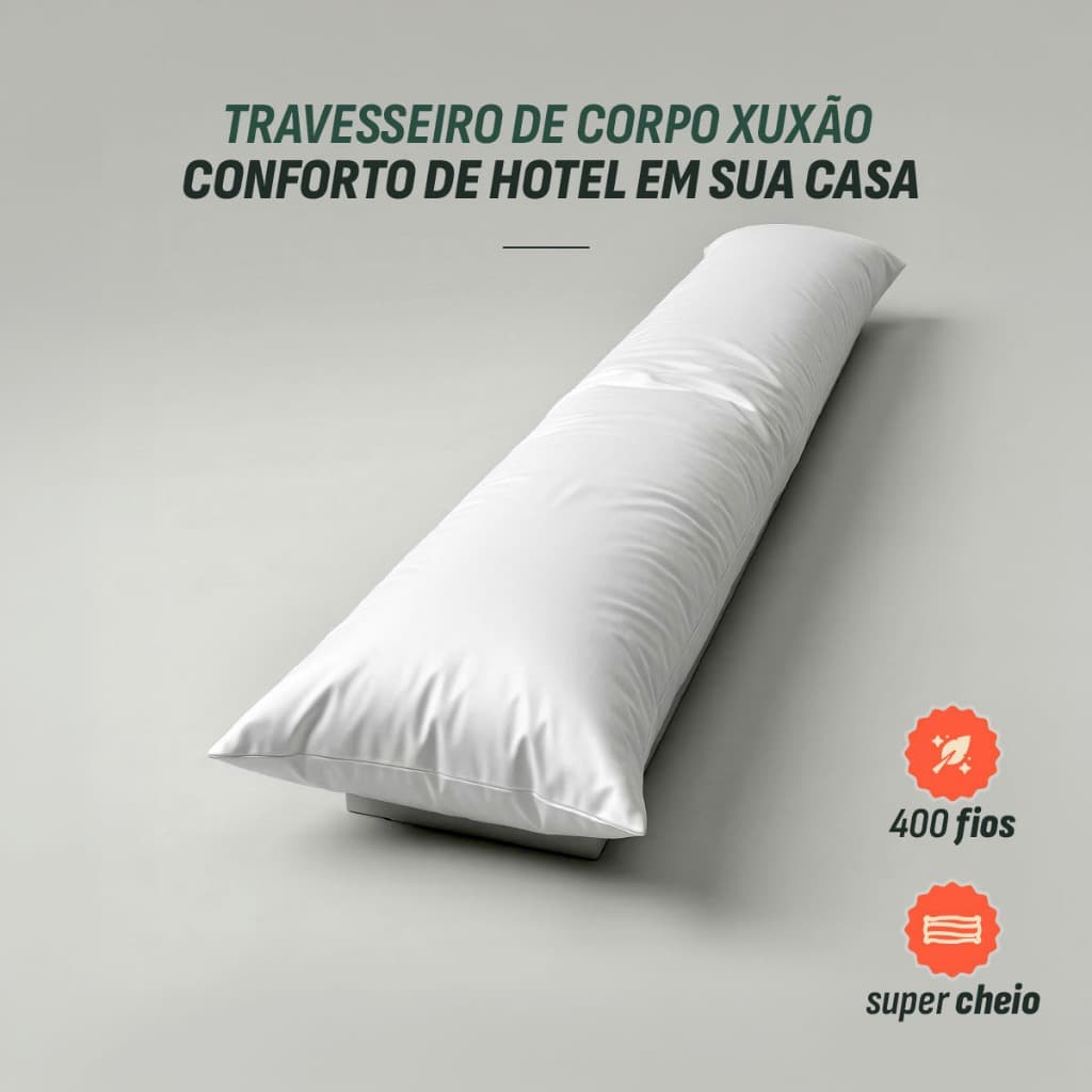 Travesseiro de Corpo Xuxão, Micropercal 400 fios Super Cheio e Macio Capa de Ziper + Refil 1,40x0,45